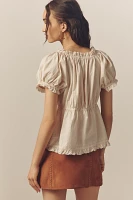 By Anthropologie Puff-Sleeve Embroidered Babydoll Top