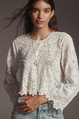 By Anthropologie Sheer Eyelet Long-Sleeve Top