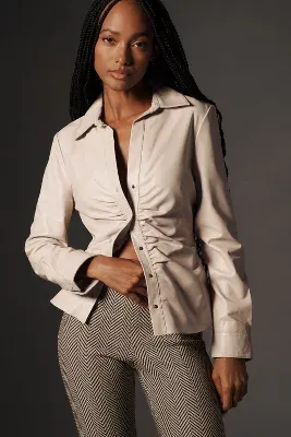 Lamarque Huda Ruched Leather Buttondown Shirt