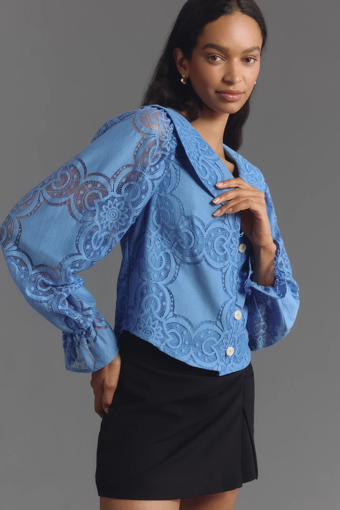 Maeve Long-Sleeve Collared Flower-Button Lace Blouse