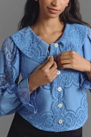 Maeve Long-Sleeve Collared Flower-Button Lace Blouse