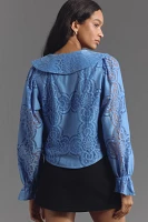 Maeve Long-Sleeve Collared Flower-Button Lace Blouse