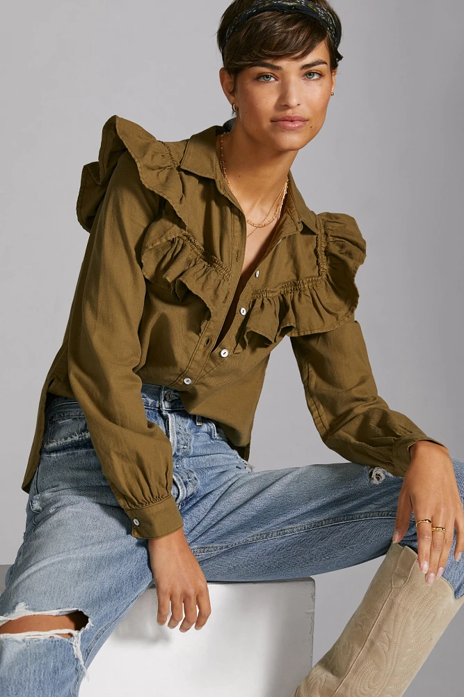 Pilcro Ruffled Chambray Buttondown