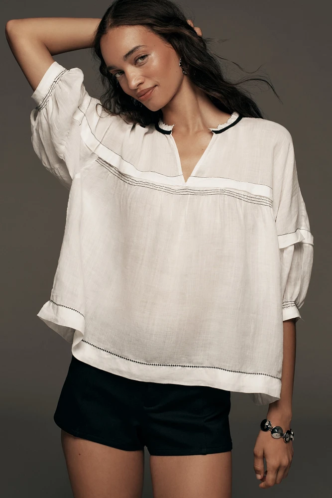 Maeve Balloon-Sleeve V-Neck Stitched Blouse