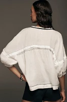 Maeve Balloon-Sleeve V-Neck Stitched Blouse