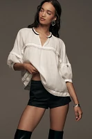 Maeve Balloon-Sleeve V-Neck Stitched Blouse