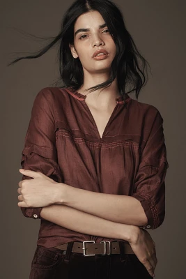 Maeve Balloon-Sleeve V-Neck Stitched Blouse