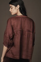 Maeve Balloon-Sleeve V-Neck Stitched Blouse