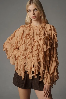 By Anthropologie Sheer Ruffle Buttondown Blouse