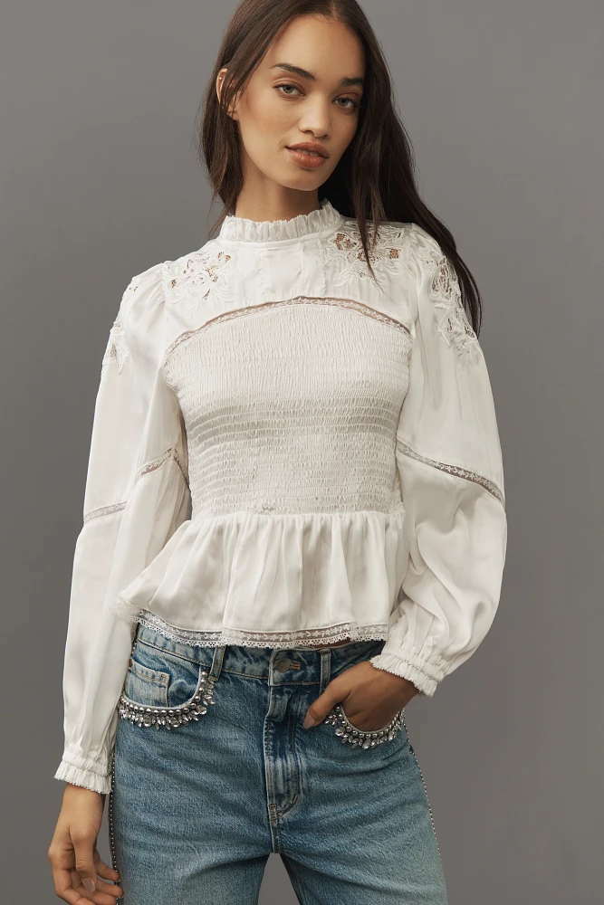 By Anthropologie Long-Sleeve Smocked Blouse