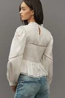 By Anthropologie Long-Sleeve Smocked Blouse