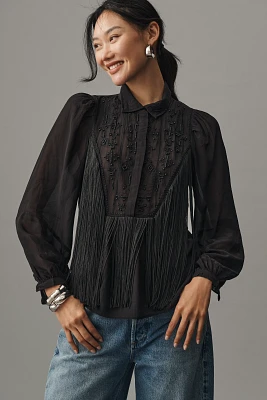 By Anthropologie Long-Sleeve Collared Embellished Fringe Blouse