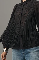 By Anthropologie Long-Sleeve Collared Embellished Fringe Blouse