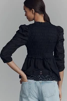 By Anthropologie Ruched-Sleeve Smocked Blouse