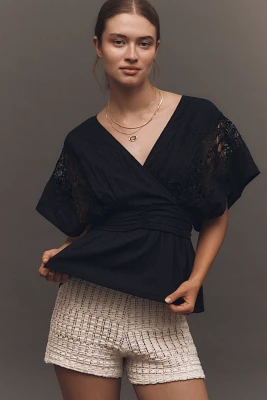 By Anthropologie Short-Sleeve Surplice Eyelet Lace Blouse