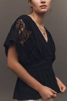 By Anthropologie Short-Sleeve Surplice Eyelet Lace Blouse