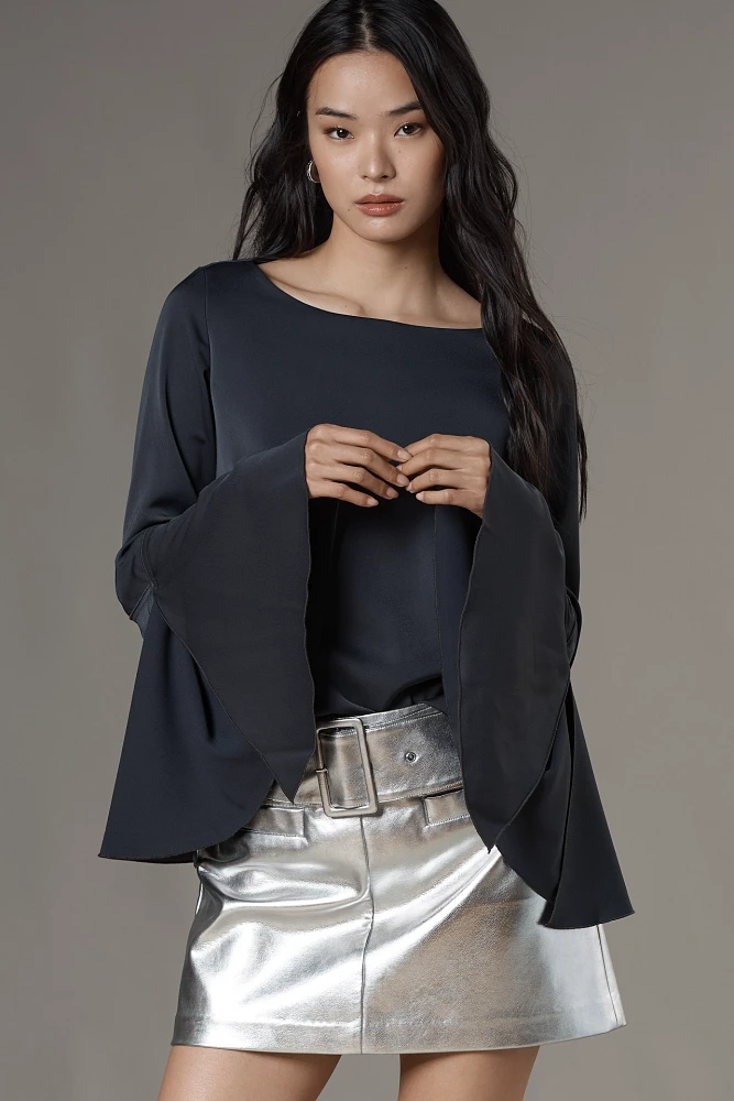 By Anthropologie Bell-Sleeve Satin Blouse