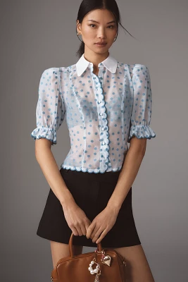 Maeve Puff-Shoulder Collared Slim Blouse