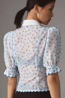 Maeve Puff-Shoulder Collared Slim Blouse