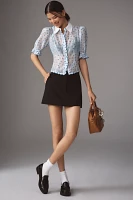 Maeve Puff-Shoulder Collared Slim Blouse