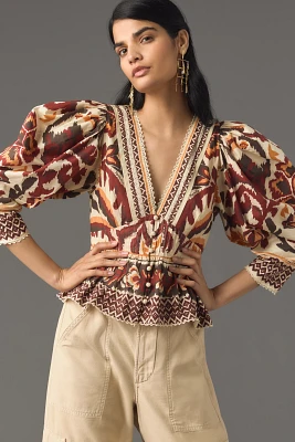 Farm Rio Toucans Scarf Puff-Sleeve Blouse