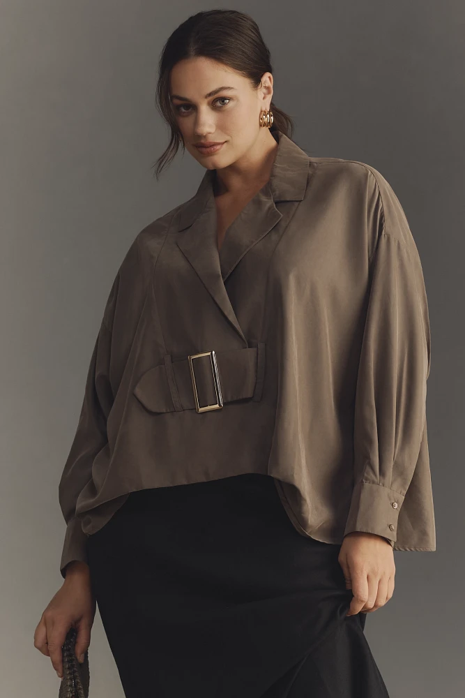 By Anthropologie Long-Sleeve Collared Belted Top
