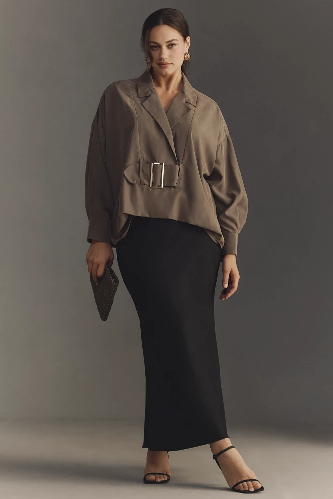By Anthropologie Long-Sleeve Collared Belted Top