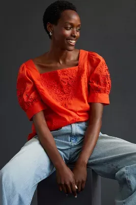 By Anthropologie Short-Sleeve Cutwork Blouse