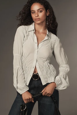 By Anthropologie Long-Sleeve Shirred Buttondown Shirt