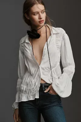 By Anthropologie Long-Sleeve Shirred Buttondown Shirt