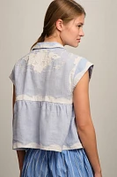 By Anthropologie Linen Appliqué Buttondown Tank