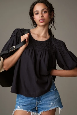 By Anthropologie Puff-Sleeve Smocked Linen Top