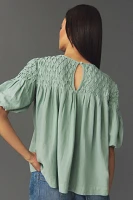 The Liza Puff-Sleeve Smocked Linen Top by Anthropologie