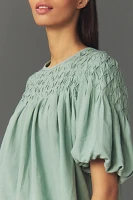 The Liza Puff-Sleeve Smocked Linen Top by Anthropologie