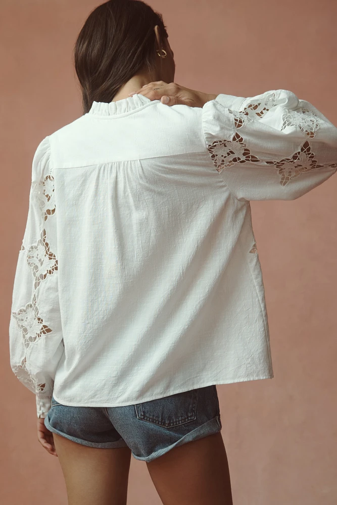 By Anthropologie Long-Sleeve Cutwork Henley Blouse