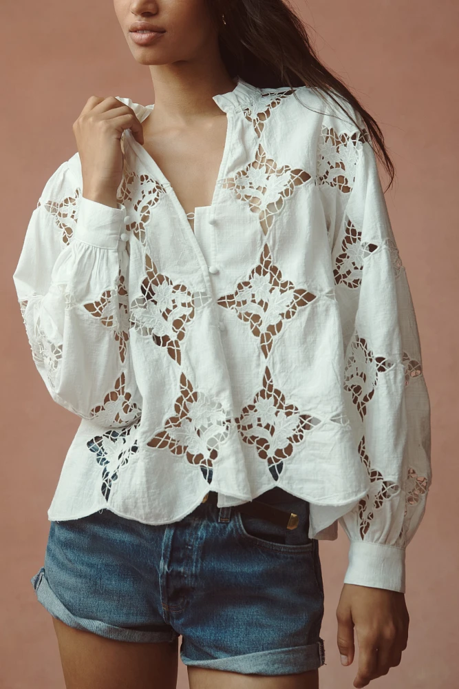 By Anthropologie Long-Sleeve Cutwork Henley Blouse