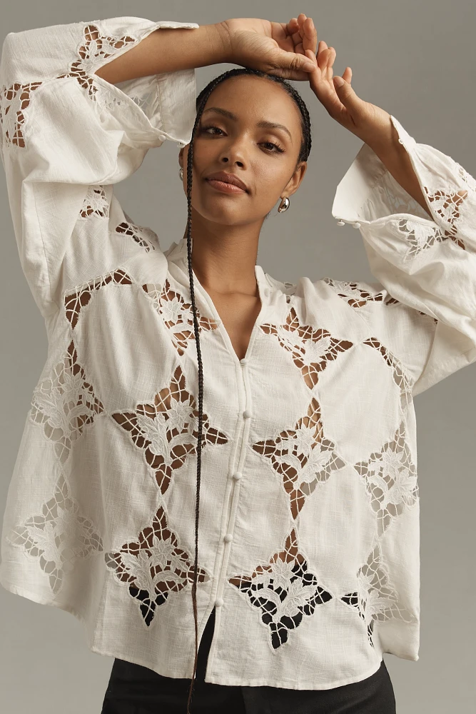 By Anthropologie Long-Sleeve Cutwork Henley Blouse