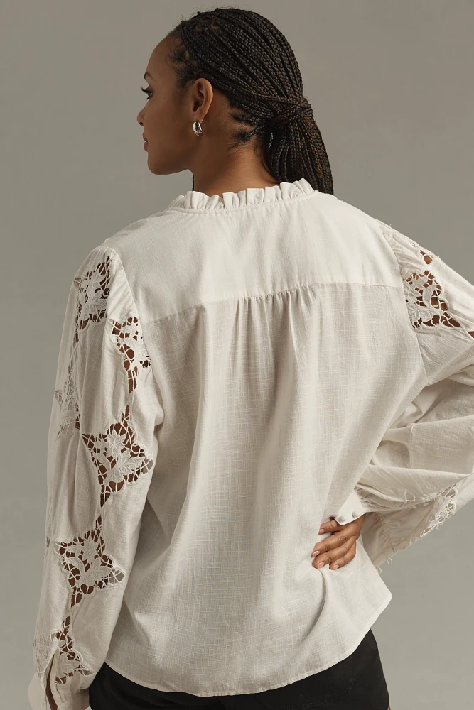 By Anthropologie Long-Sleeve Cutwork Henley Blouse