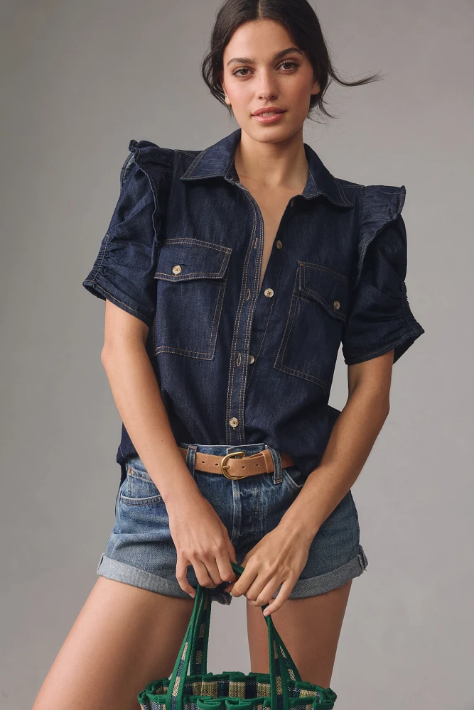 Pilcro Ruffle-Sleeve Denim Buttondown Shirt