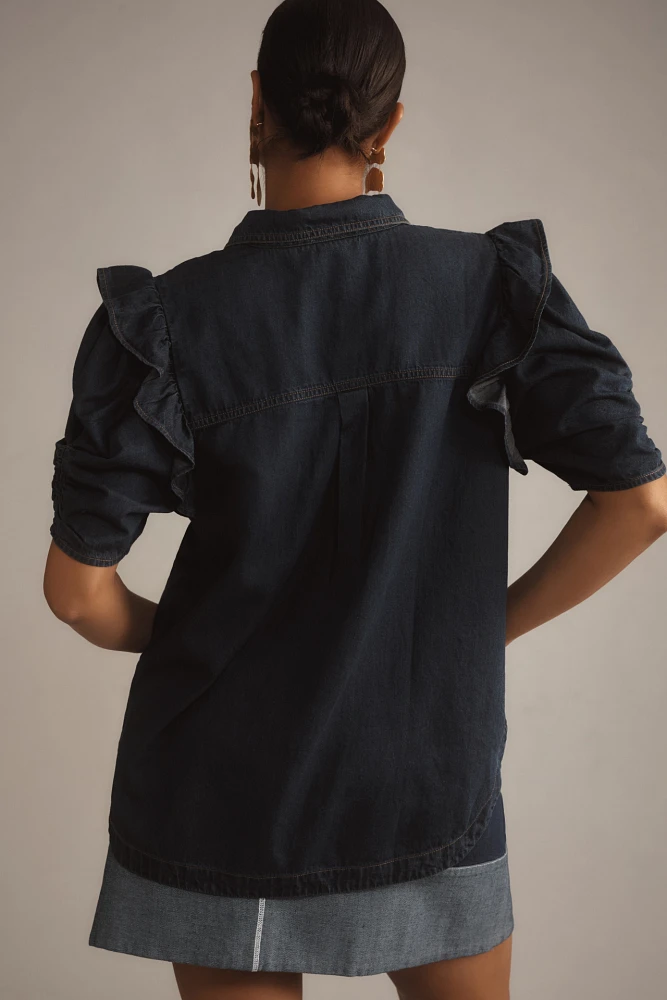 Pilcro Ruffle-Sleeve Denim Buttondown Shirt