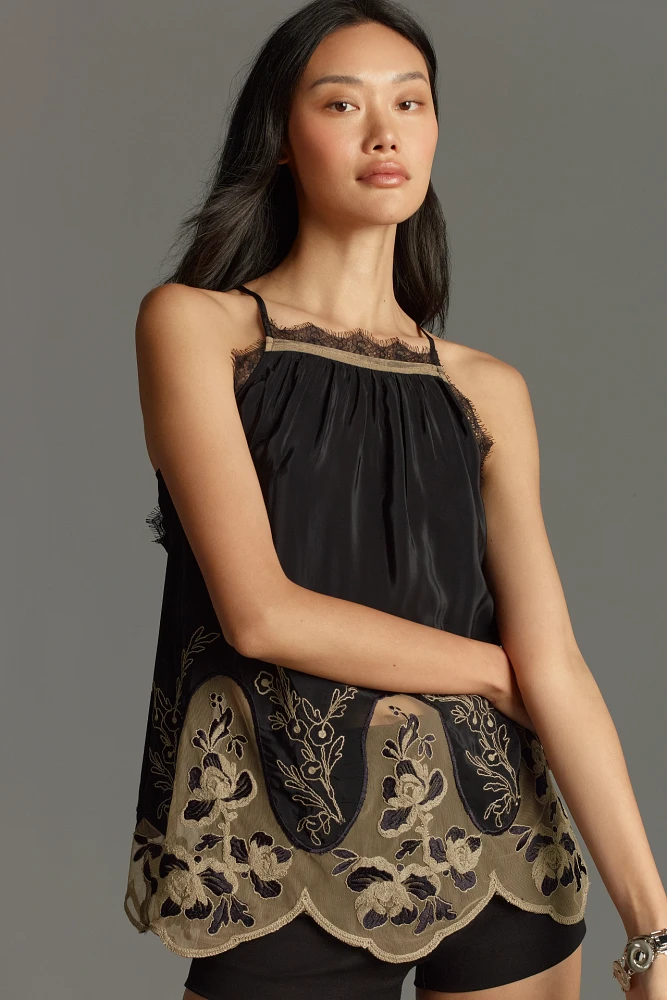 By Anthropologie Flutter-Sleeve Embellished Silky Blouse