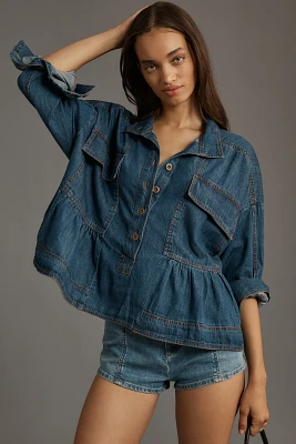 Pilcro Long-Sleeve Denim Crop Babydoll Top