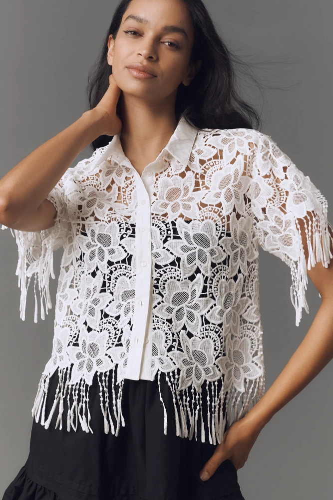 Walter Baker Ollie Short-Sleeve Lace Fringe Top