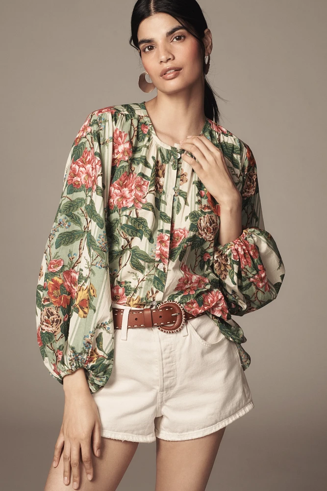 Mille Cecily Balloon-Sleeve Buttondown Blouse