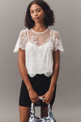 By Anthropologie Short-Sleeve Sheer Lace Top