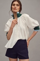 Maeve Half-Zip Puff-Sleeve Sporty Henley Blouse