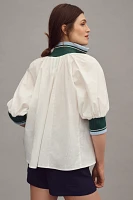 Maeve Half-Zip Puff-Sleeve Sporty Henley Blouse