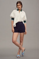 Maeve Half-Zip Puff-Sleeve Sporty Henley Blouse