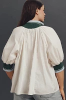 Maeve Half-Zip Puff-Sleeve Sporty Henley Blouse