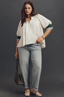Maeve Half-Zip Puff-Sleeve Sporty Henley Blouse